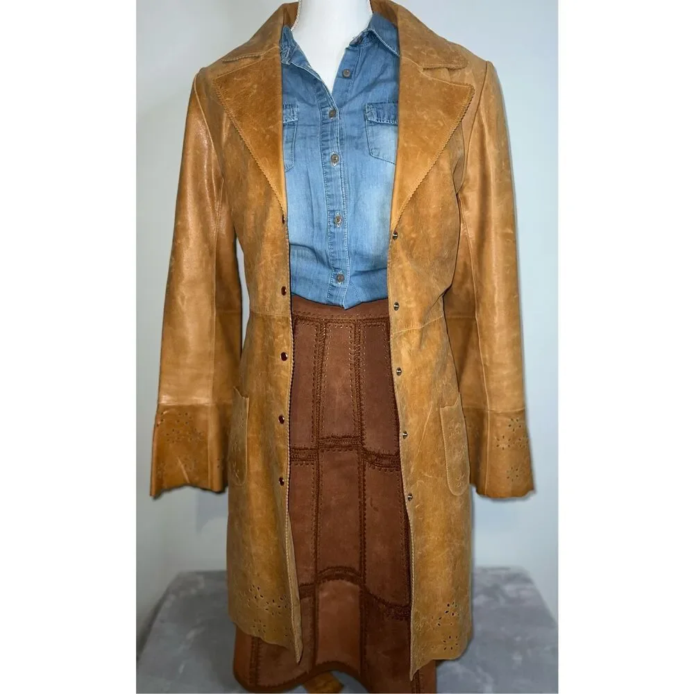Wilsons Leather Duster Caramel Tan Trench Eyelet 70s Pearl Snaps Coat - Picture 4 of 12